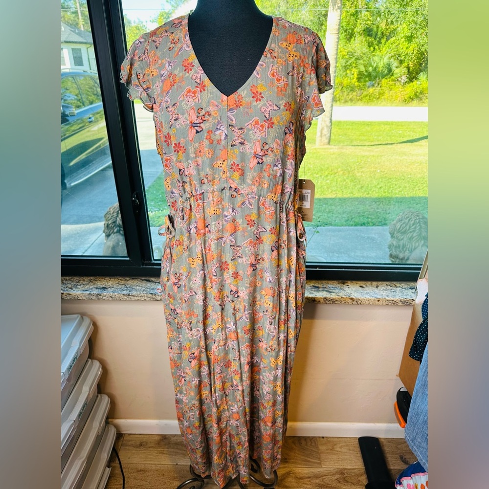 Frye and Co. Butterfly Tan Floral Sea Spray Maxi Dress Size XL